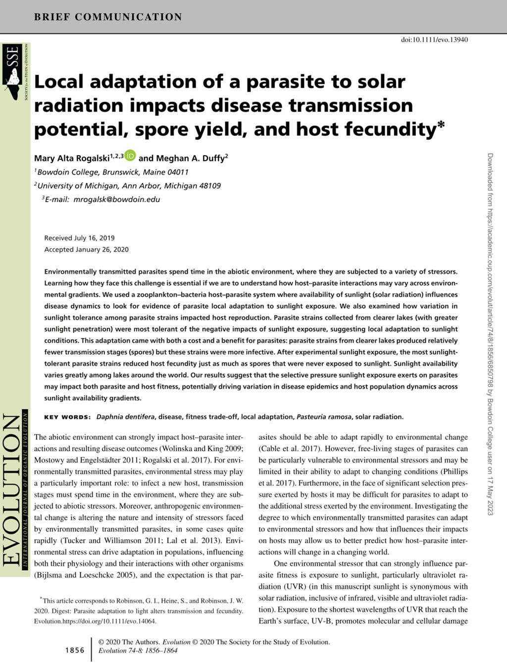 Miniature of Local adaptation of a parasite to solar radiation impacts disease transmission potential, spore yield, and host fecundity*