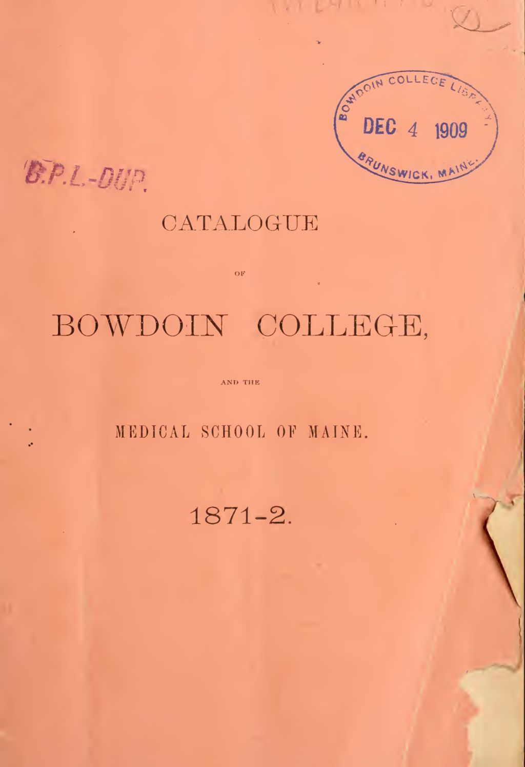 Miniature of Bowdoin College Catalogue (1871-1872)