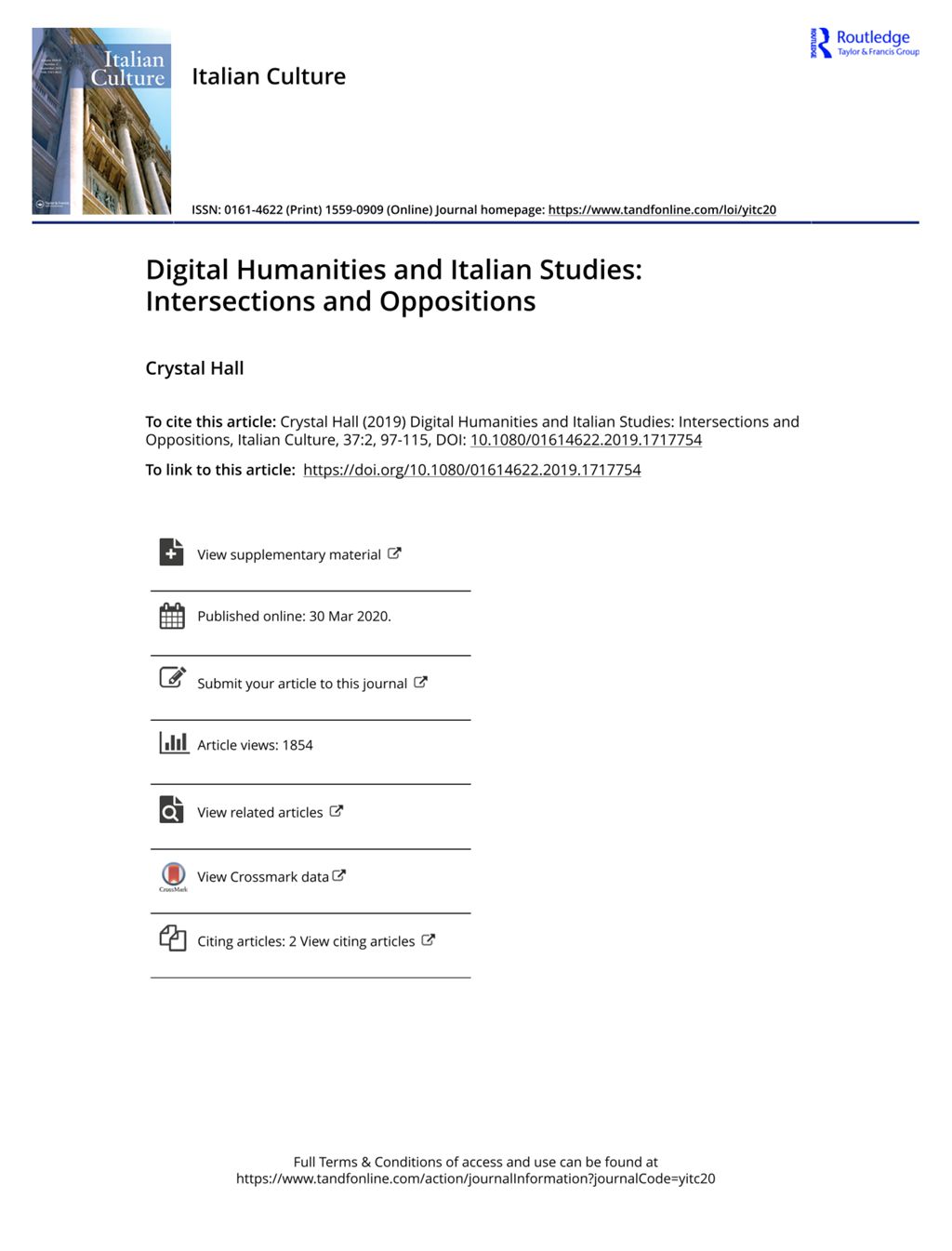 Miniature of Digital Humanities and Italian Studies: Intersections and Oppositions