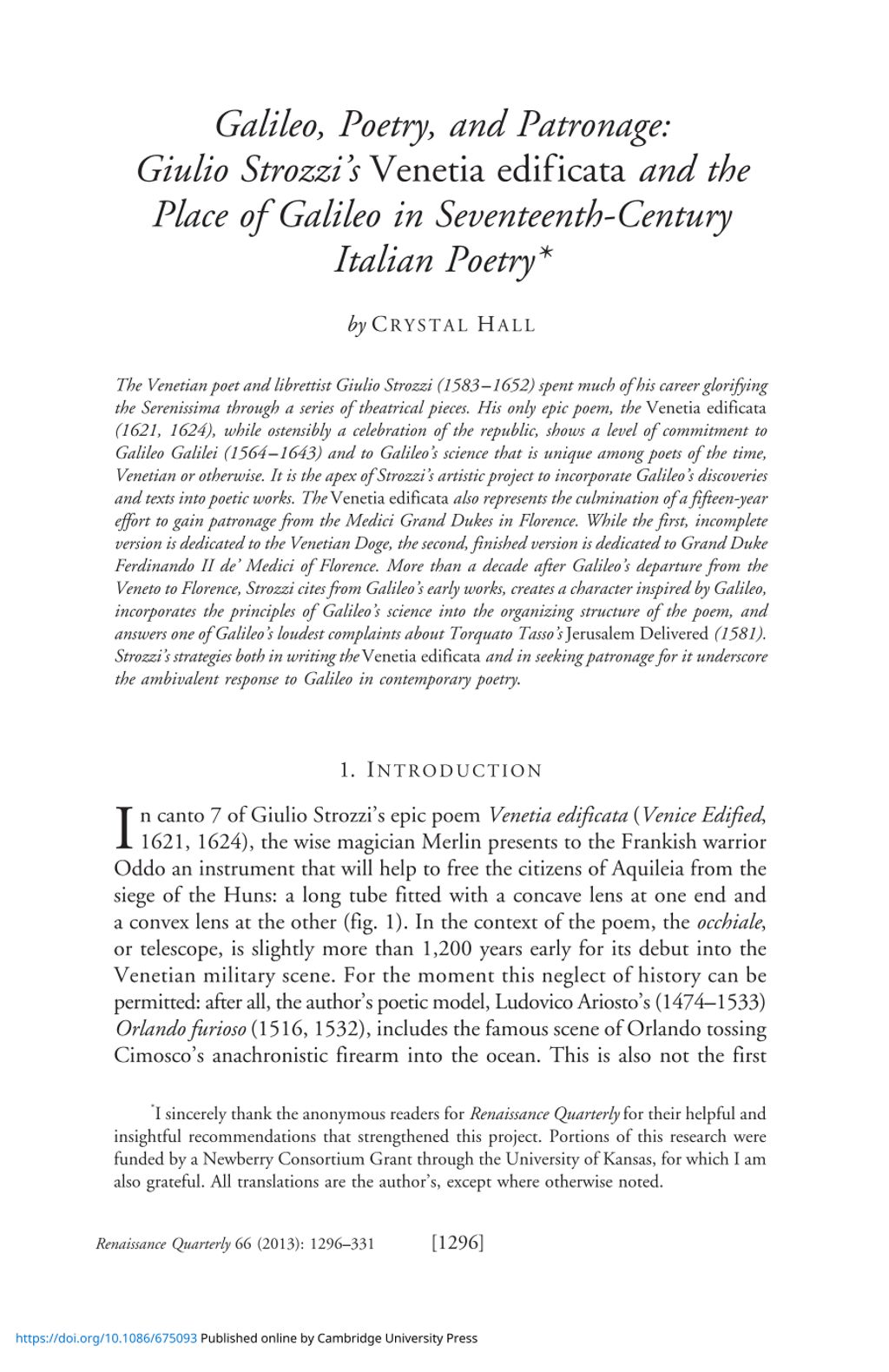 Miniature of Galileo, poetry, and patronage: Iulio strozzi's venetia edificata and the lace of galileo in seventeenth-century talian poetry