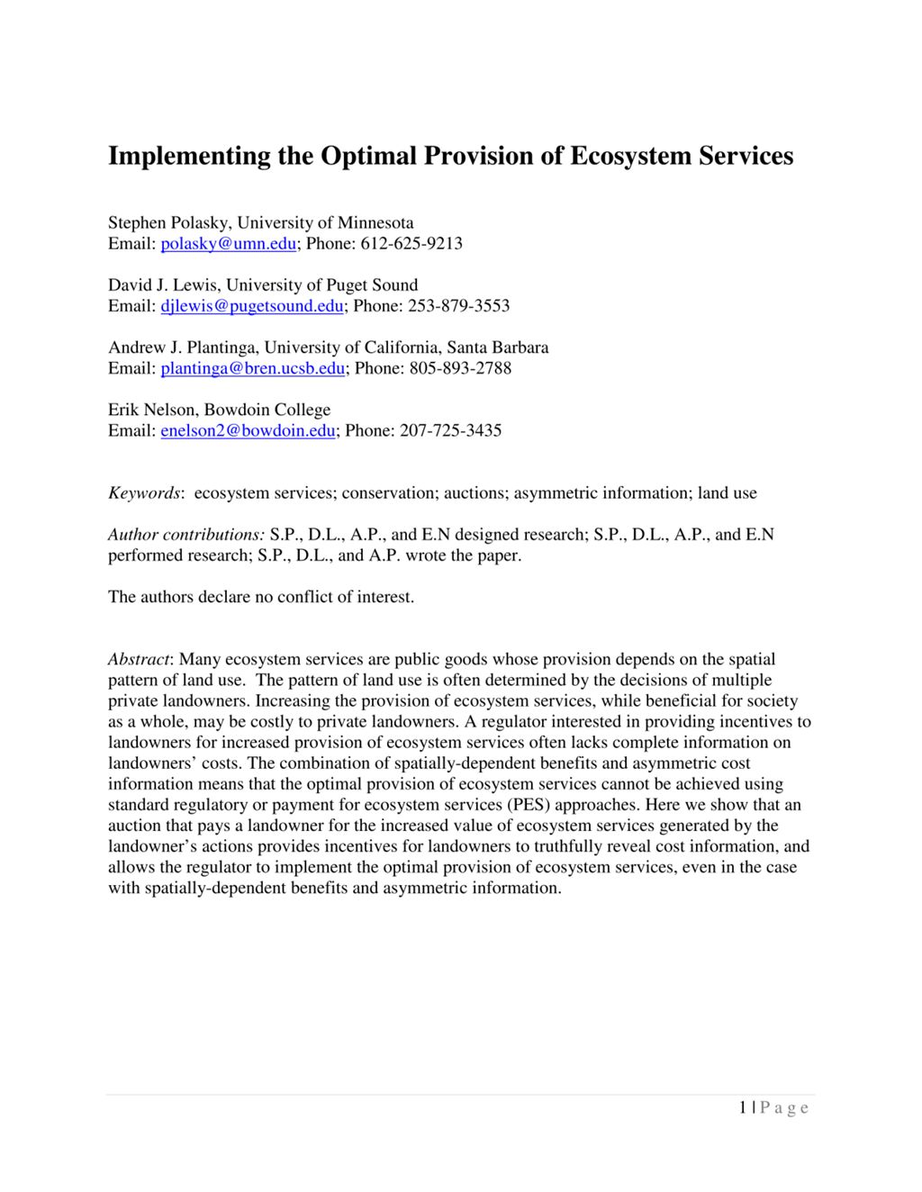 Miniature of Implementing the Optimal Provision of Ecosystem Services