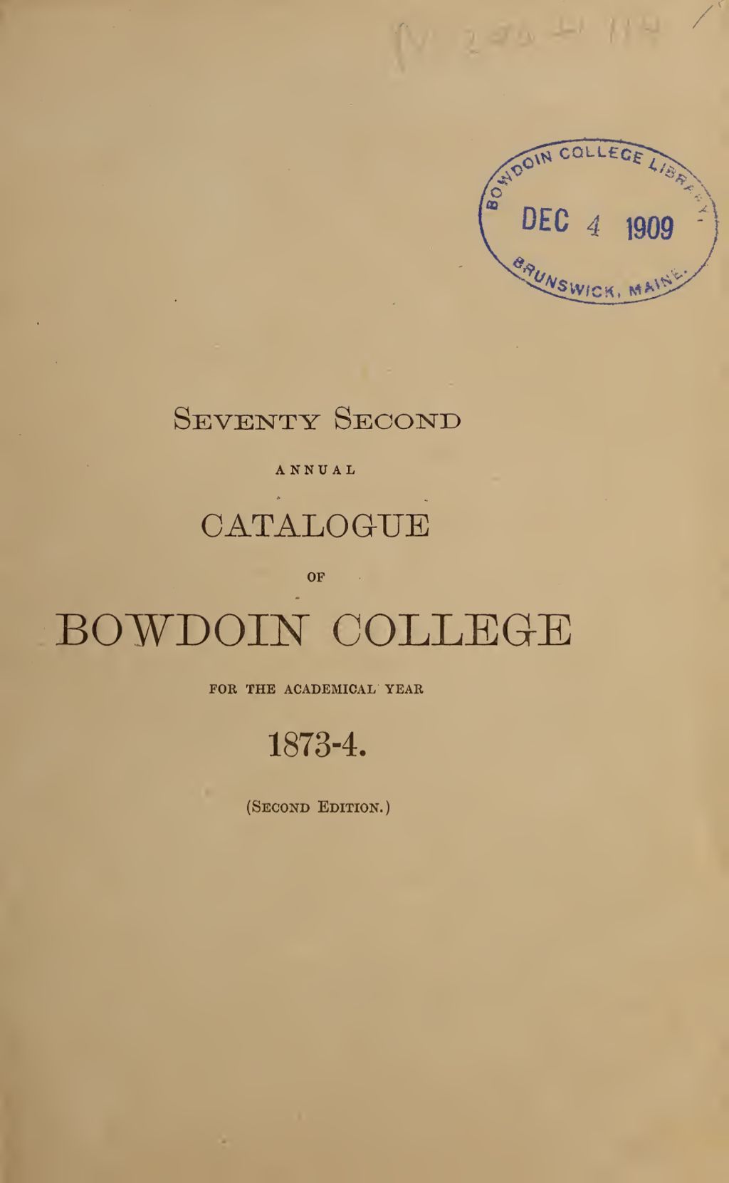 Miniature of Bowdoin College Catalogue (1873-1874 second edition)