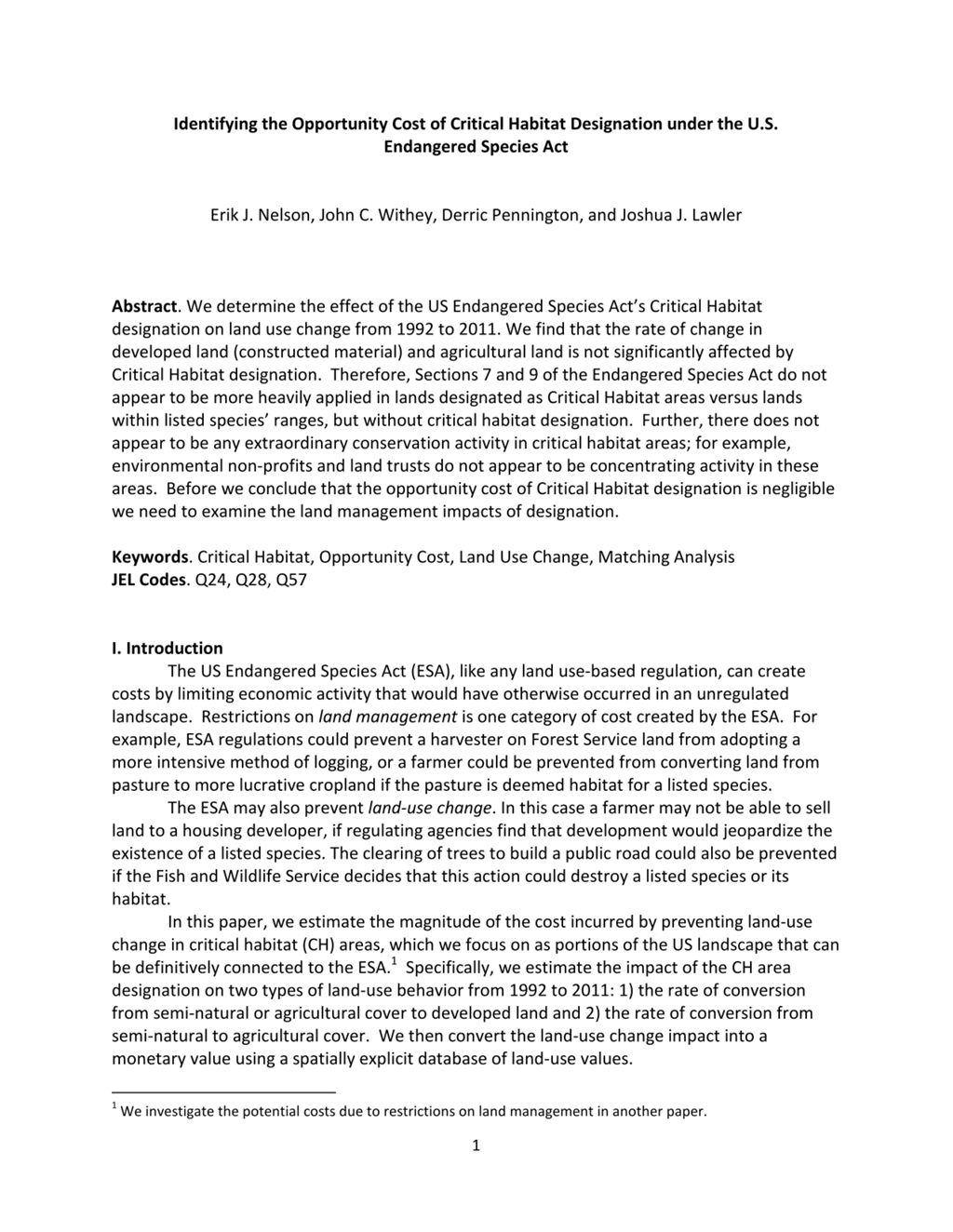 Miniature of Identifying the Opportunity Cost of Critical Habitat Designation under the U.S. Endangered Species Act