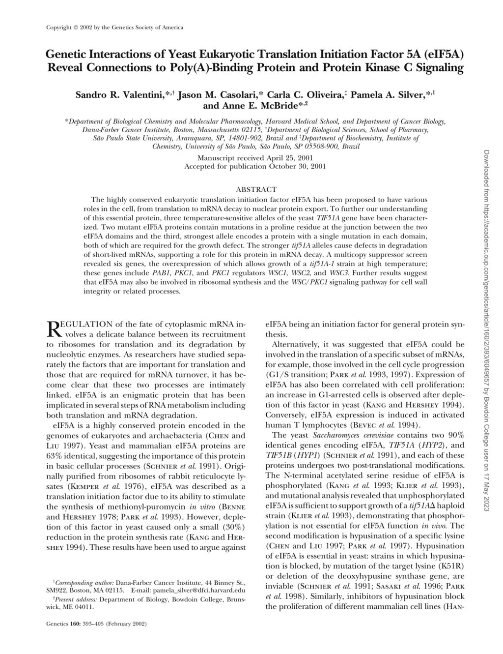 Miniature of Genetic interactions of yeast eukaryotic translation initiation factor 5a (eIF5A) reveal connections to poly(A)-binding protein and protein kinase C signaling