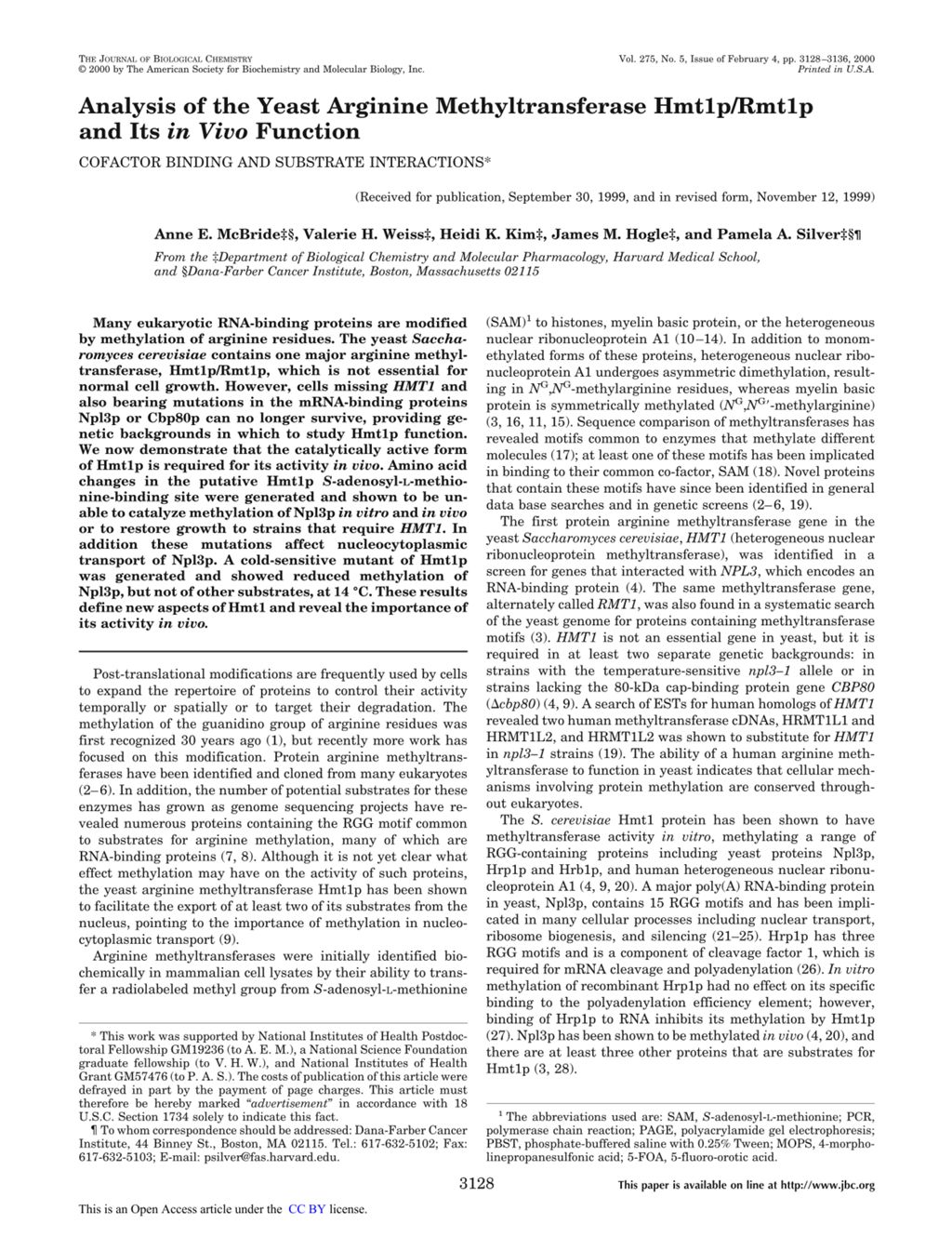 Miniature of Analysis of the yeast arginine methyltransferase Hmt1p/Rmt1p and its in vivo function. Cofactor binding and substrate interactions