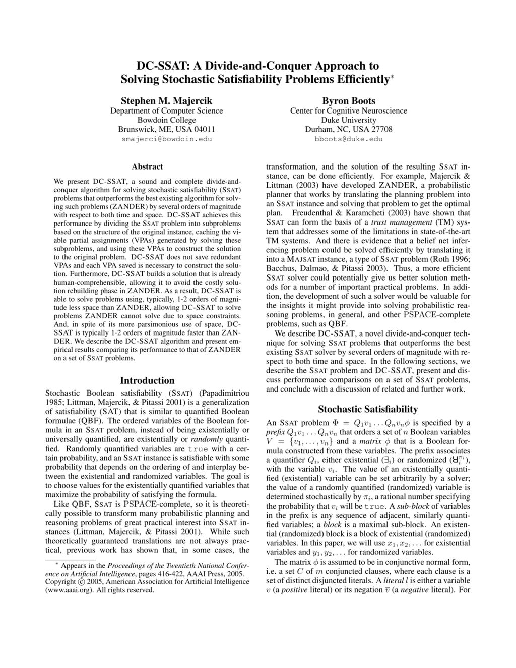 Miniature of DC-SSAT: A divide-and-conquer approach to solving stochastic satisfiability problems efficiently