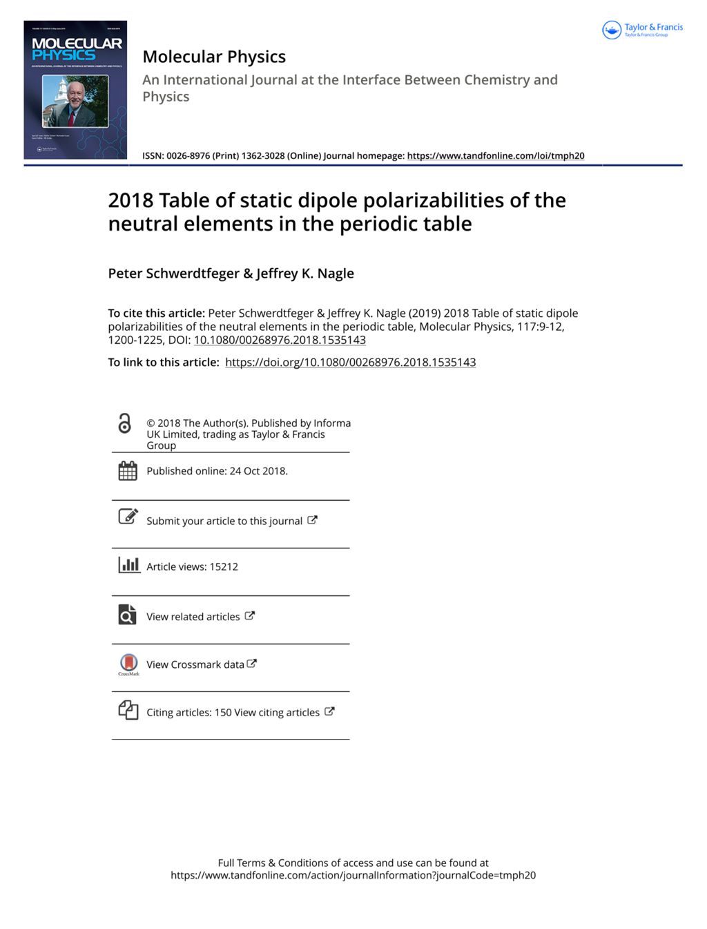 Miniature of 2018 Table of static dipole polarizabilities of the neutral elements in the periodic table<sup>*</sup>