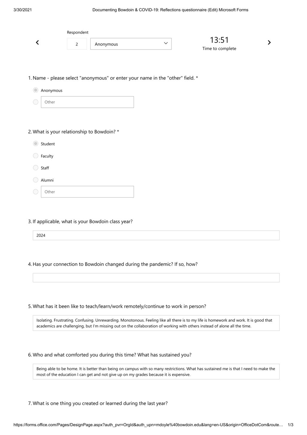 Miniature of Reflections questionnaire response by Anonymous on March 20, 2021