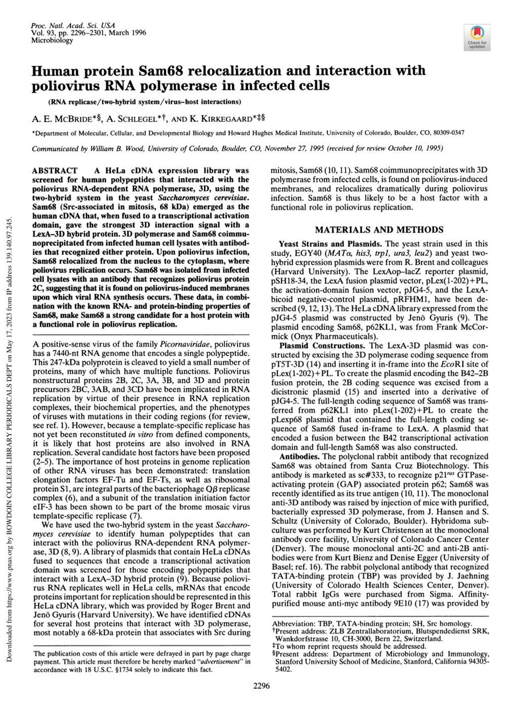 Miniature of Human protein Sam68 relocalization and interaction with poliovirus RNA polymerase in infected cells