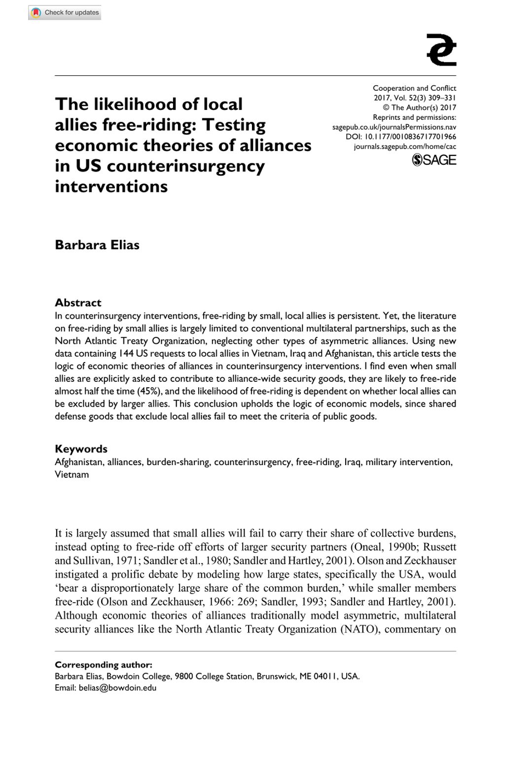 Miniature of The likelihood of local allies free-riding: Testing economic theories of alliances in US counterinsurgency interventions