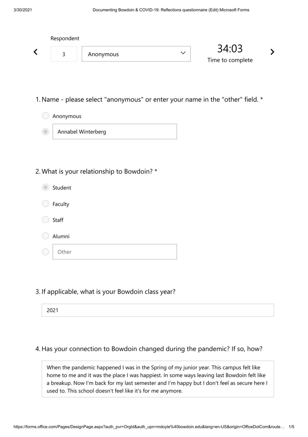 Miniature of Reflections questionnaire response by Annabel Winterberg on March 20, 2021