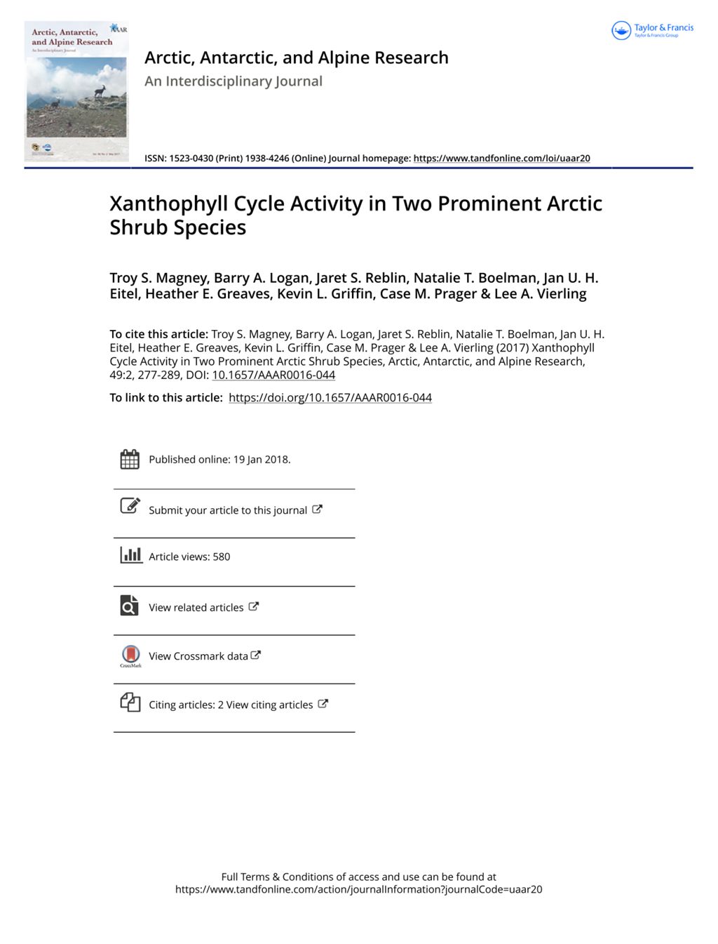 Miniature of Xanthophyll cycle activity in two prominent arctic shrub species