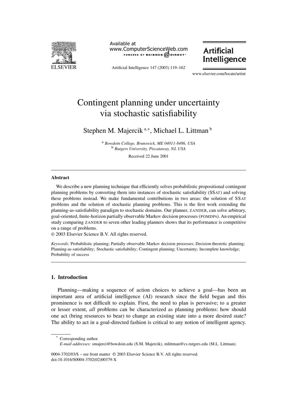 Miniature of Contingent planning under uncertainty via stochastic satisfiability