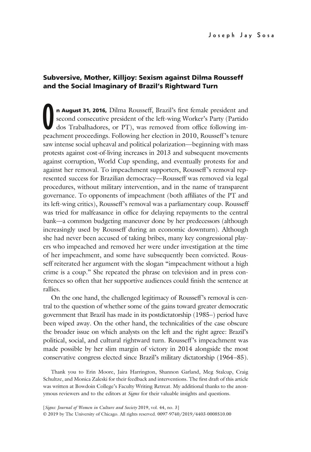 Miniature of Subversive, mother, killjoy: Sexism against dilma rousseff and the social imaginary of Brazil’s rightward turn