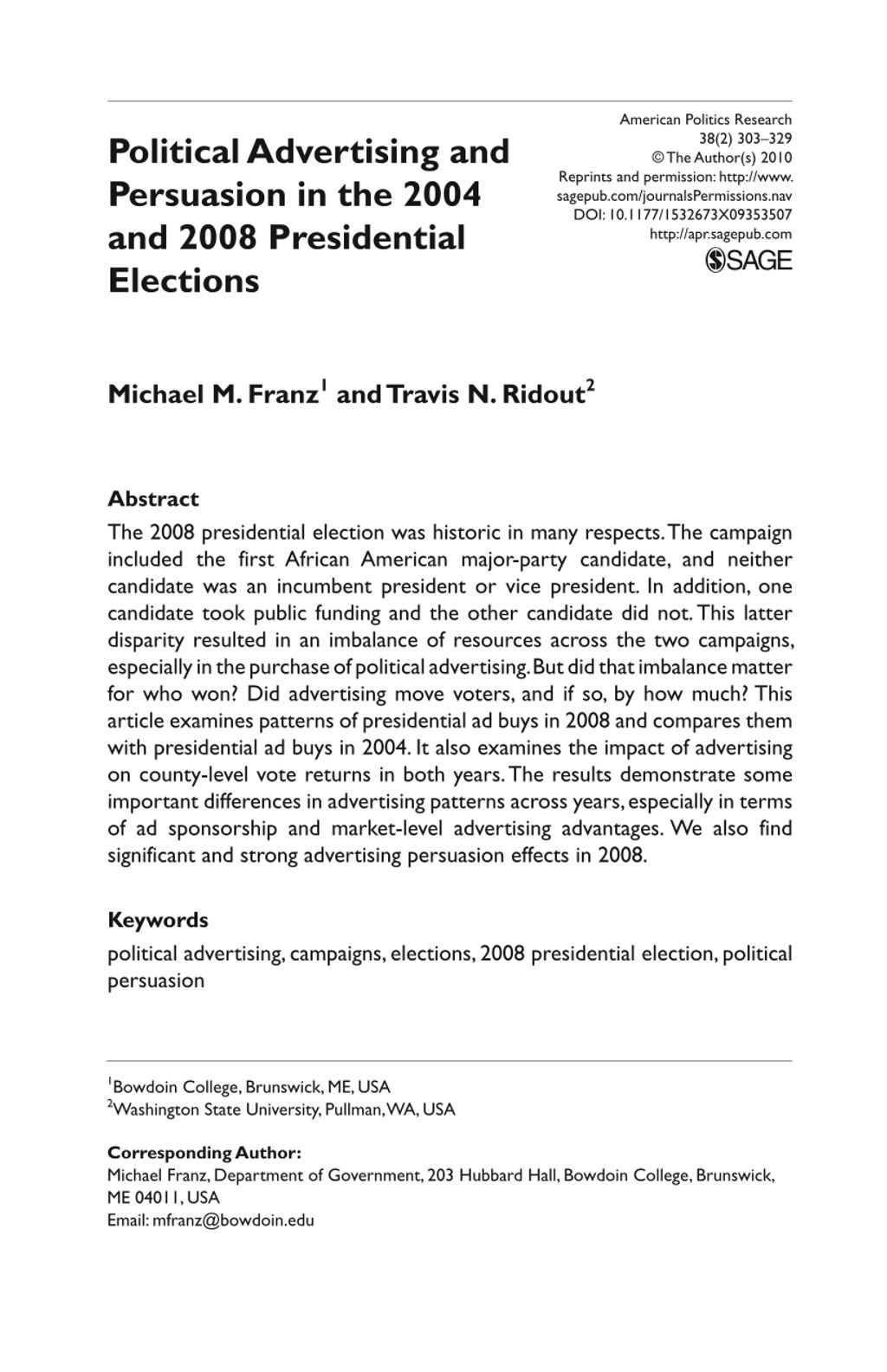 Miniature of Political advertising and persuasion in the 2004 and 2008 presidential elections