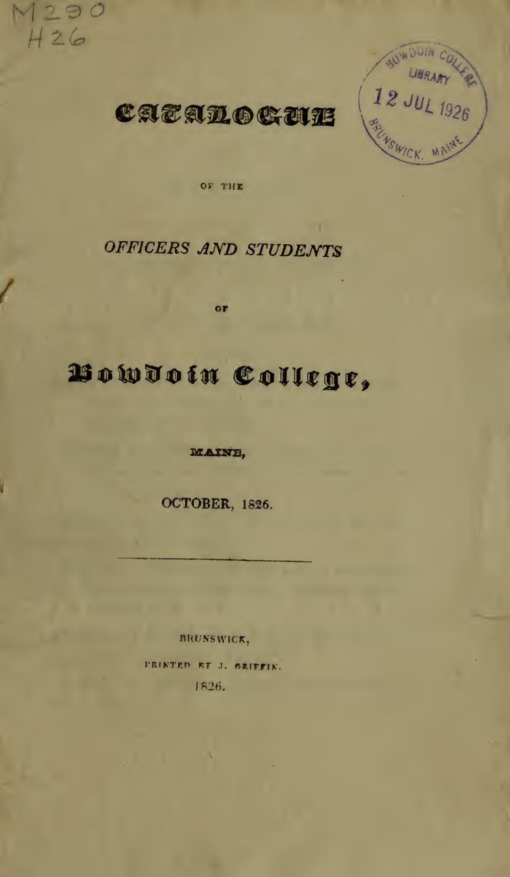 Miniature of Bowdoin College Catalogue (1826 Oct)