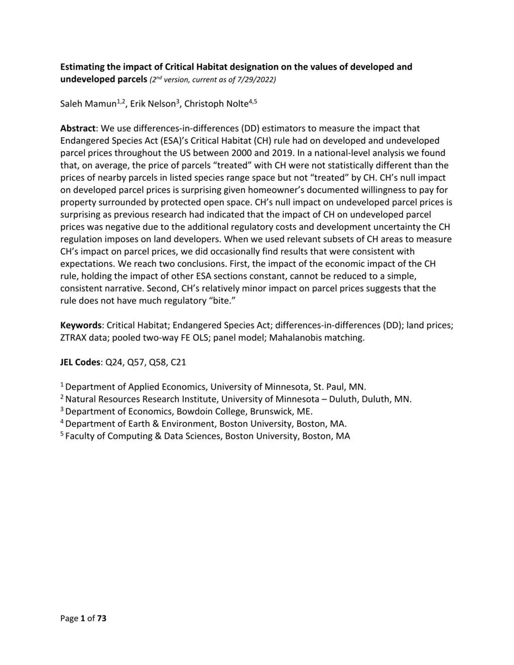 Miniature of Estimating the impact of Critical Habitat designation on the values of developed and undeveloped parcels (2nd version, current as of 7/29/2022)