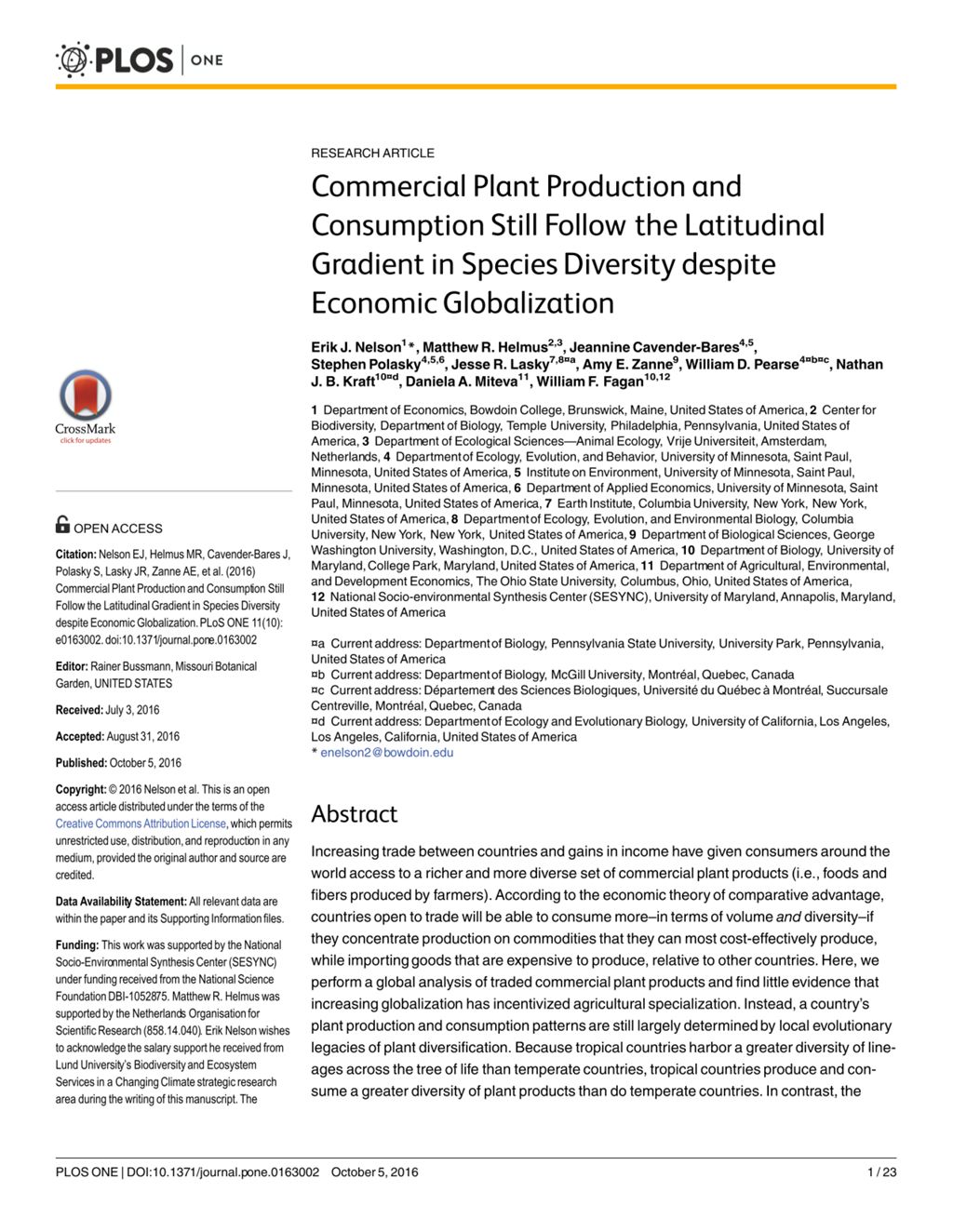 Miniature of Commercial plant production and consumption still follow the latitudinal gradient in species diversity despite economic globalization