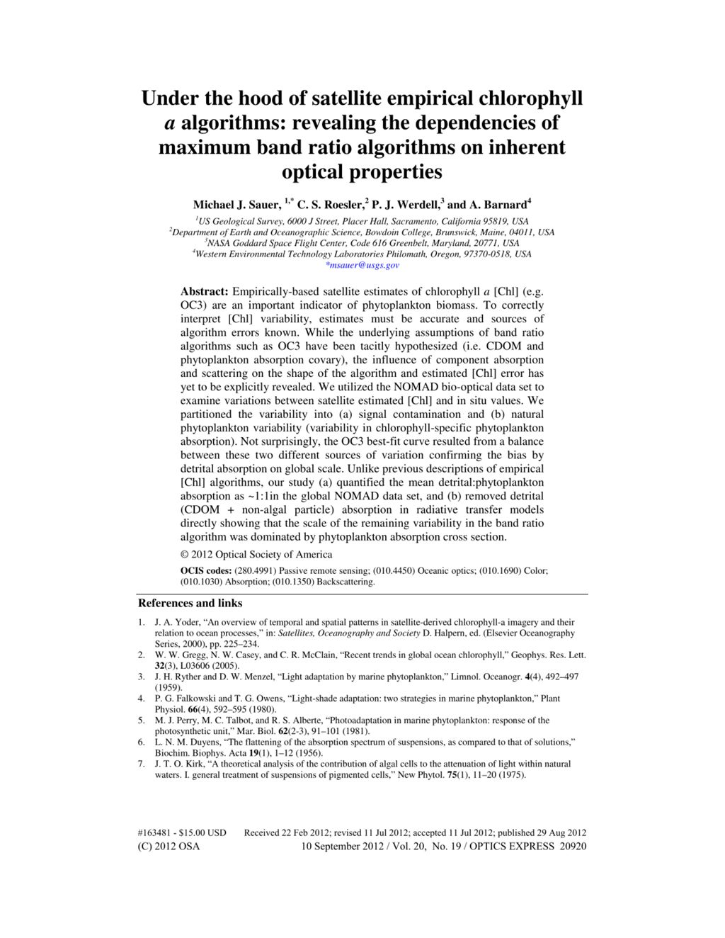 Miniature of Under the hood of satellite empirical chlorophyll a algorithms: Revealing the dependencies of maximum band ratio algorithms on inherent optical properties