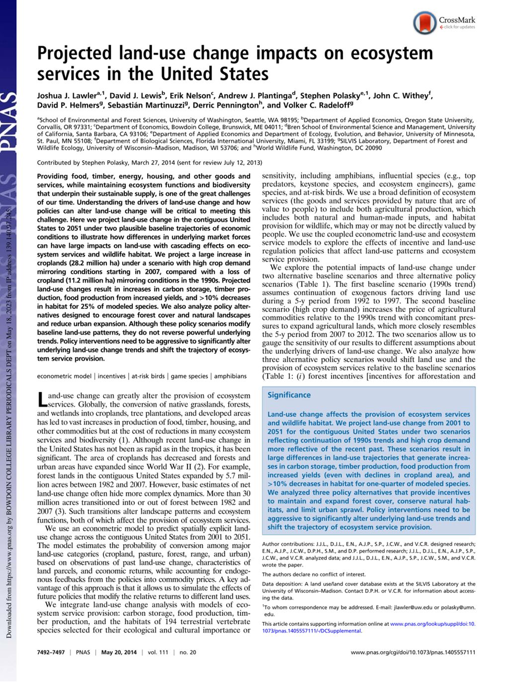 Miniature of Projected land-use change impacts on ecosystem services in the United States