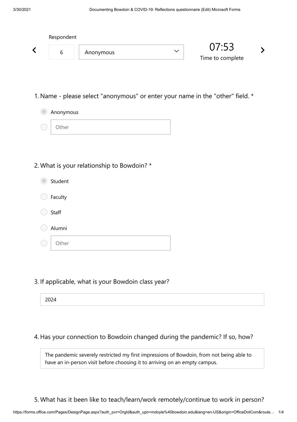 Miniature of Reflections questionnaire response by Anonymous on March 24, 2021