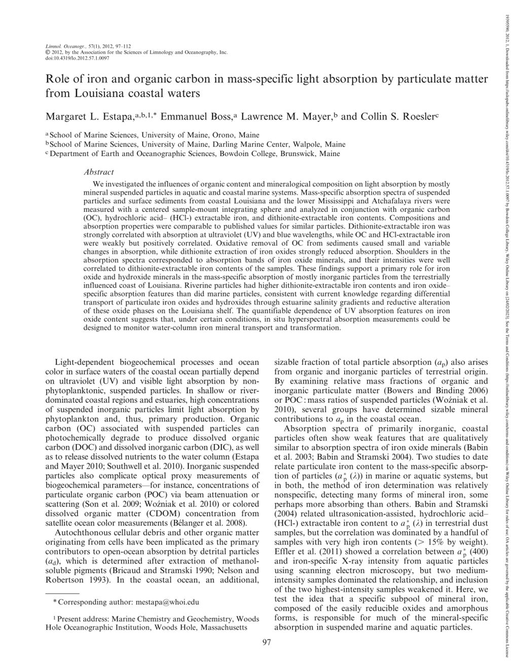 Miniature of Role of iron and organic carbon in mass-specific light absorption by particulate matter from louisiana coastal waters