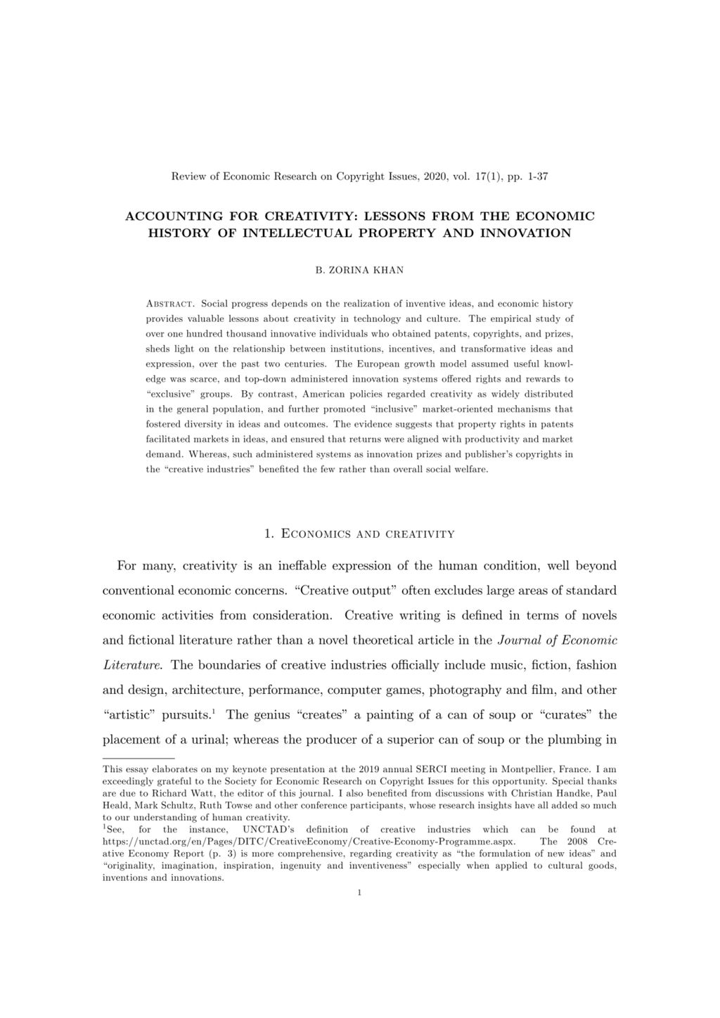 Miniature of Accounting for creativity: Lessons from the economic history of intellectual property and innovation