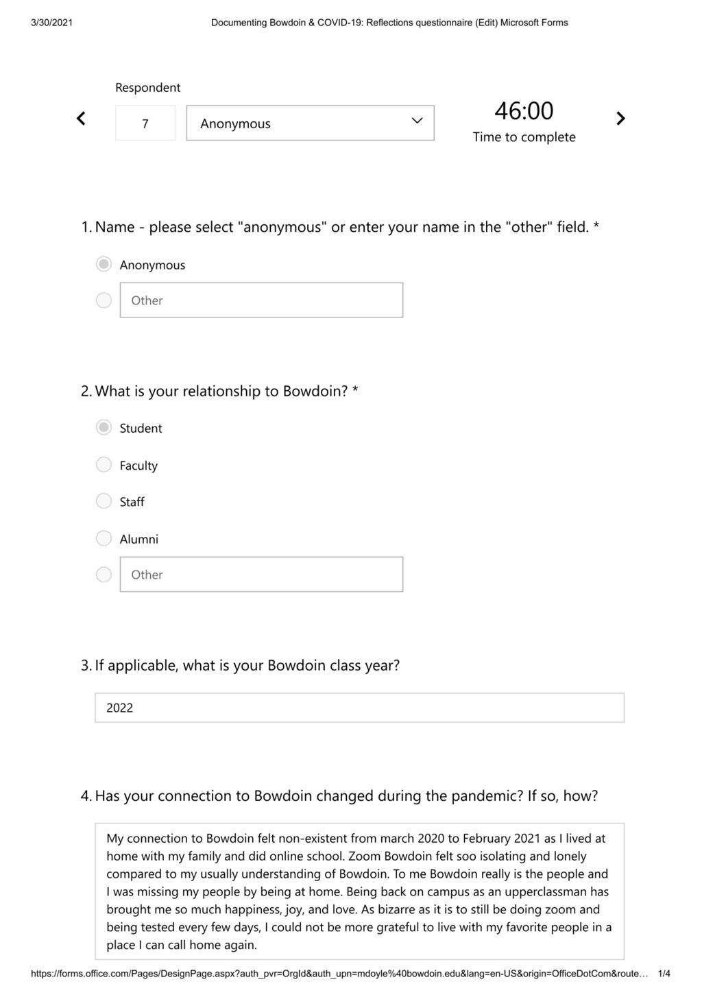 Miniature of Reflections questionnaire response by Anonymous on March 24, 2021