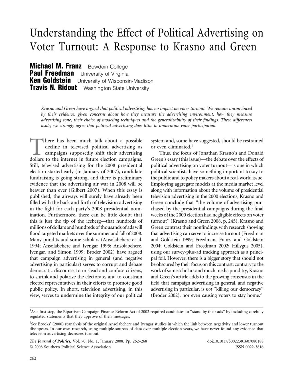 Miniature of Understanding the effect of political advertising on voter turnout: A response to Krasno and Green