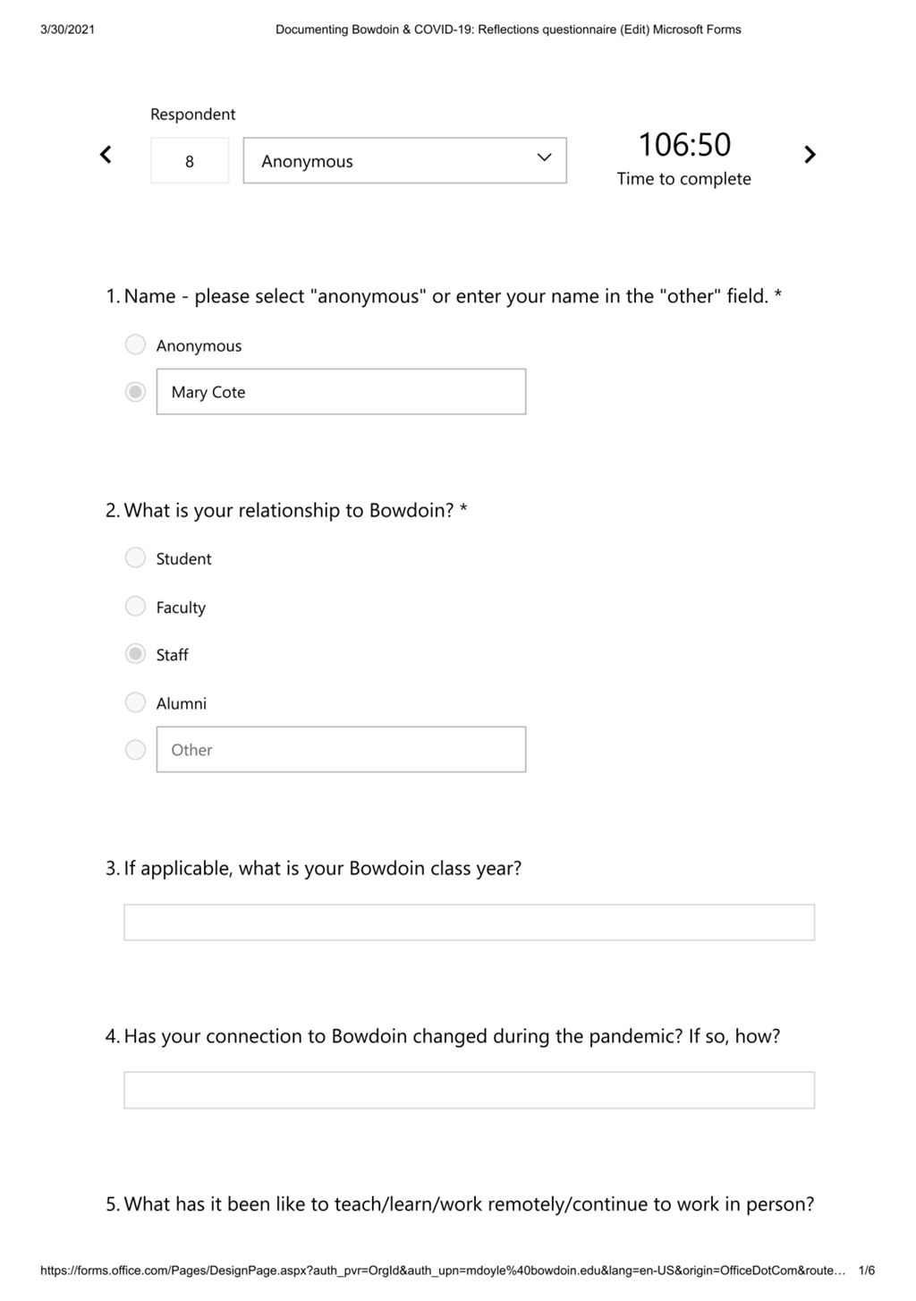 Miniature of Reflections questionnaire response by Mary Cote on March 27, 2021