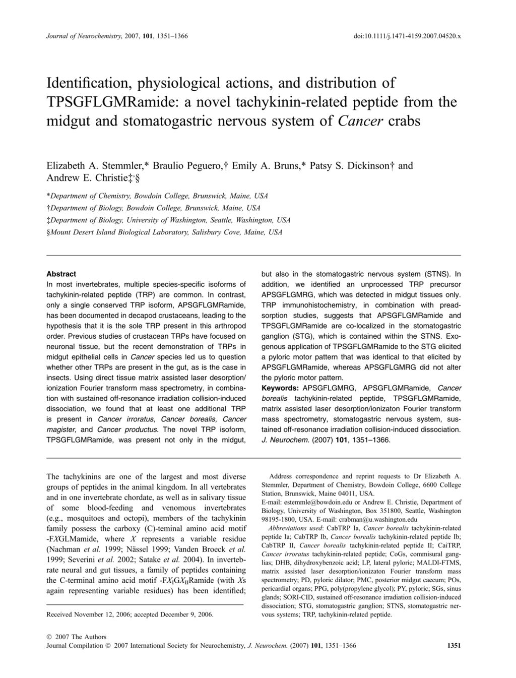 Miniature of Identification, physiological actions, and distribution of TPSGFLGMRamide: A novel tachykinin-related peptide from the midgut and stomatogastric nervous system of Cancer crabs