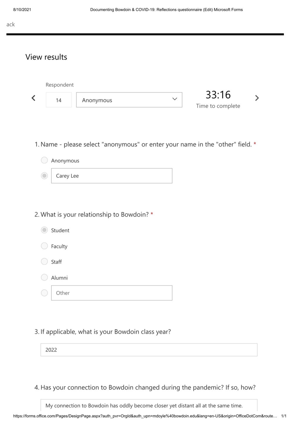 Miniature of Reflections questionnaire response by Carey Lee on May 11, 2021