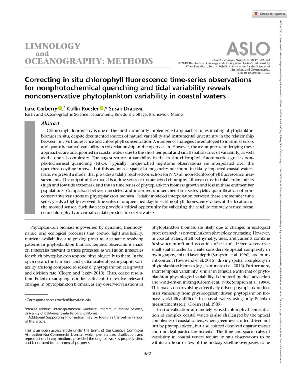 Miniature of Correcting in situ chlorophyll fluorescence time-series observations for nonphotochemical quenching and tidal variability reveals nonconservative phytoplankton variability in coastal waters