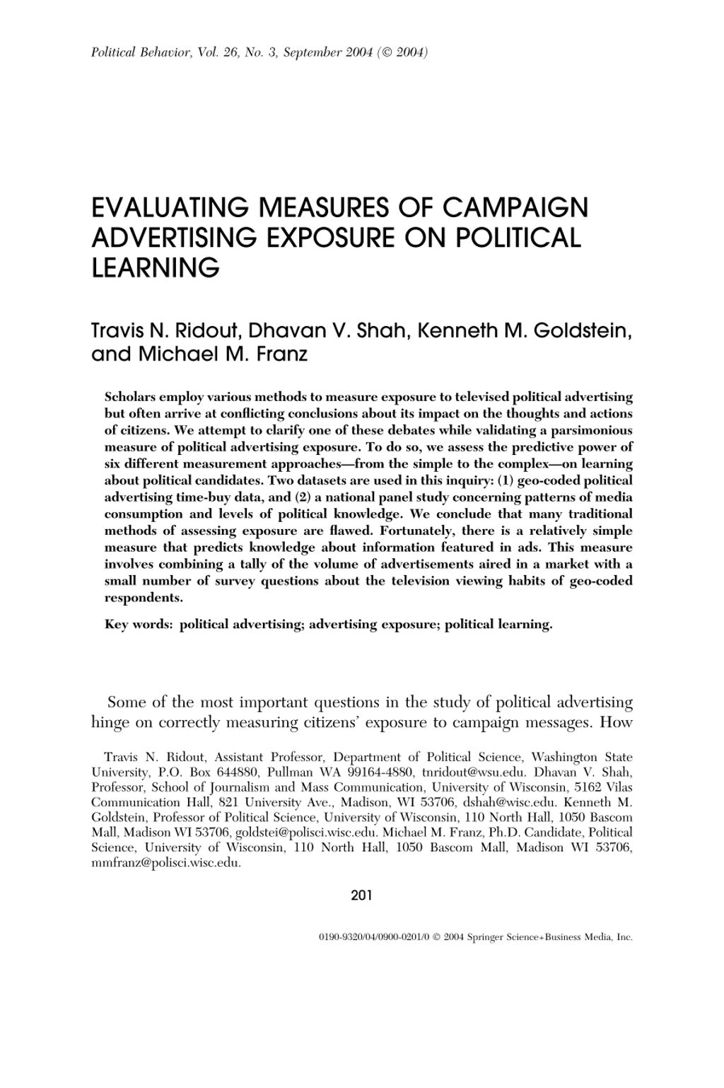 Miniature of Evaluating measures of campaign advertising exposure on political learning