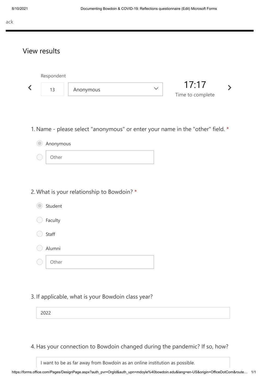 Miniature of Reflections questionnaire response by Anonymous on April 1, 2021