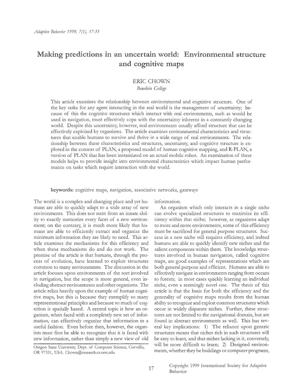 Miniature of Making predictions in an uncertain world: Environmental structure and cognitive maps