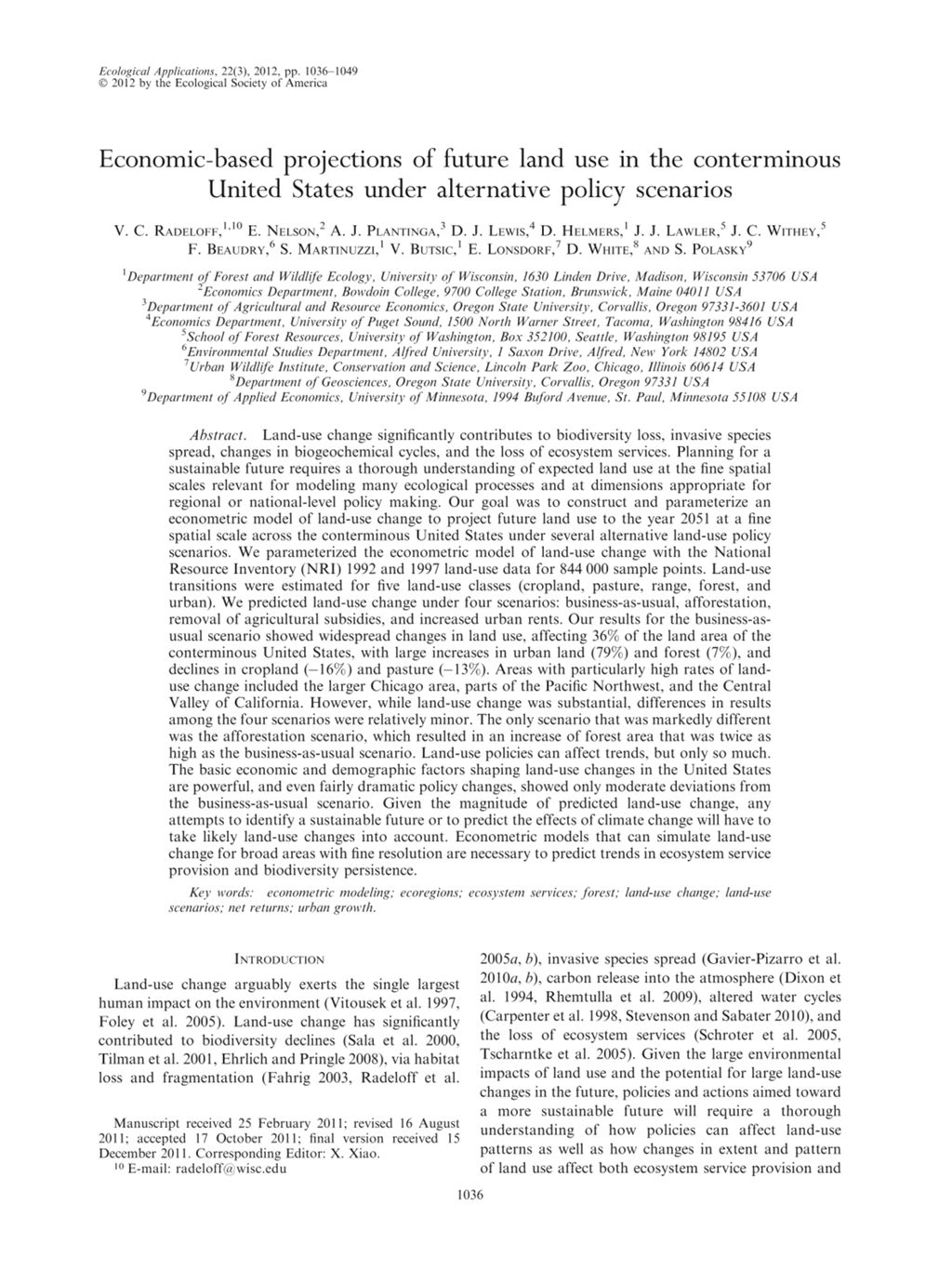 Miniature of Economic-based projections of future land use in the conterminous United States under alternative policy scenarios