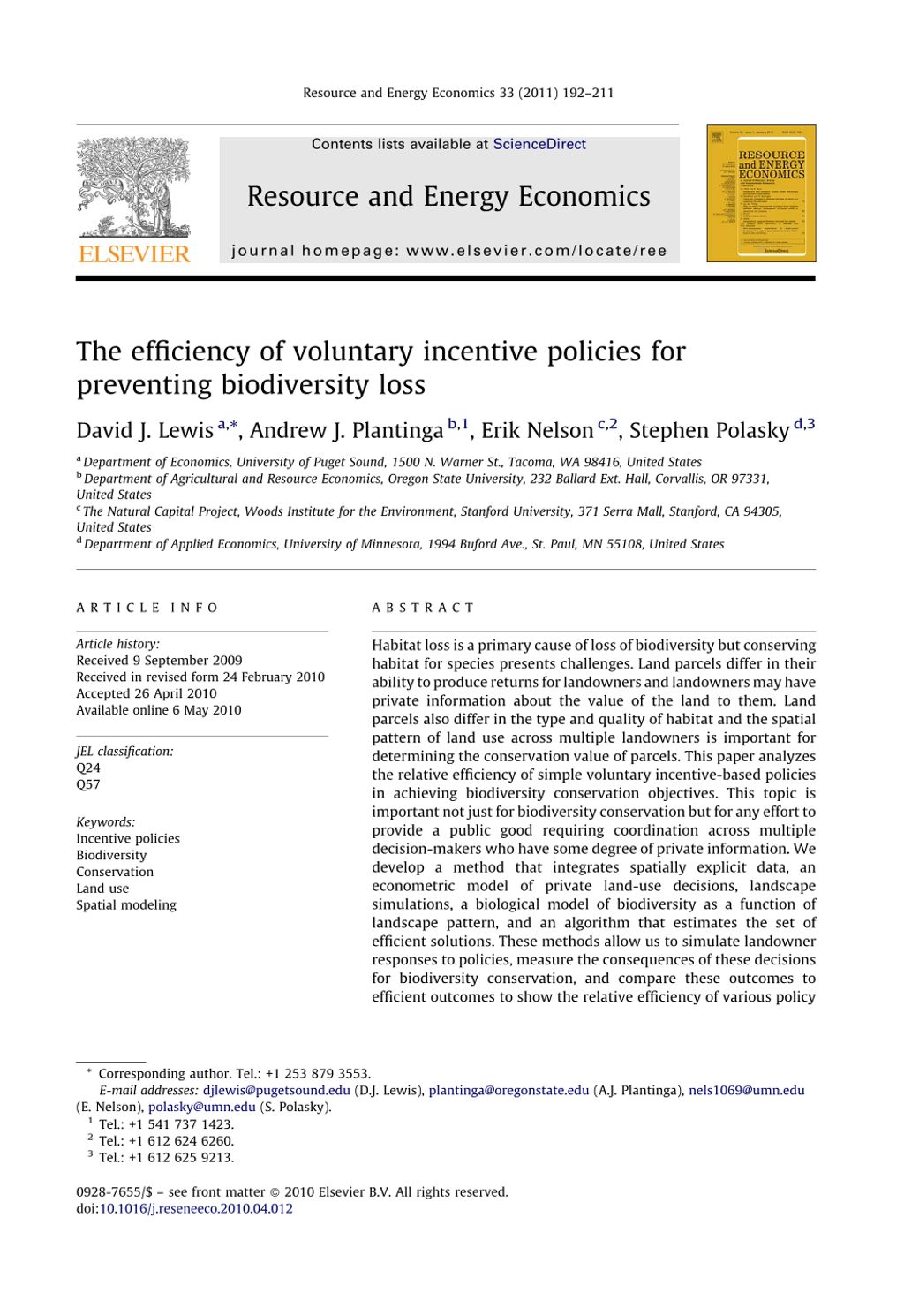 Miniature of The efficiency of voluntary incentive policies for preventing biodiversity loss