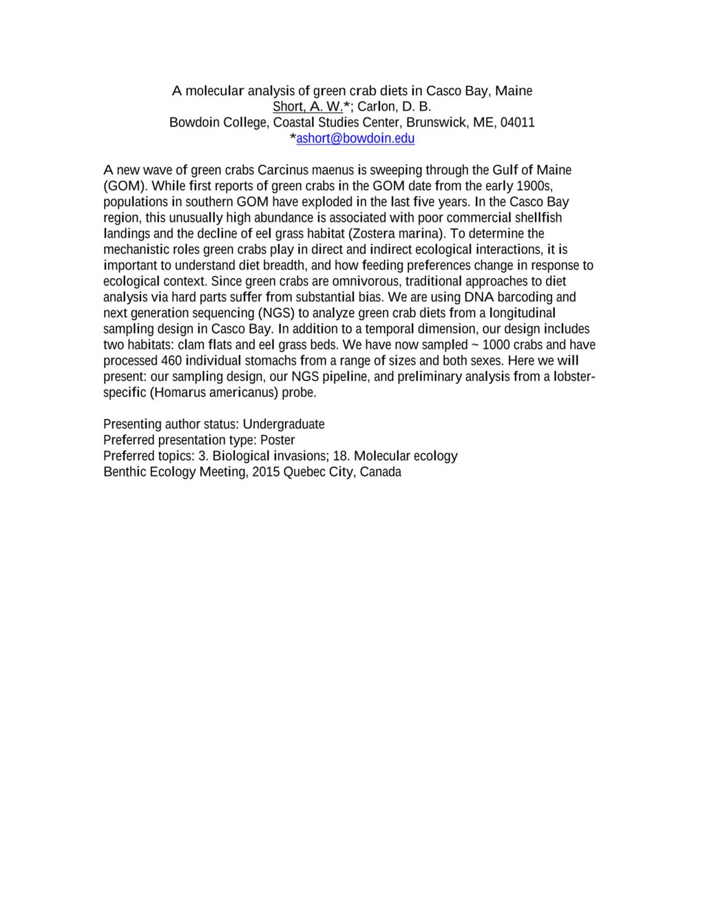 Miniature of A molecular analysis of green crab diets in Casco Bay, Maine