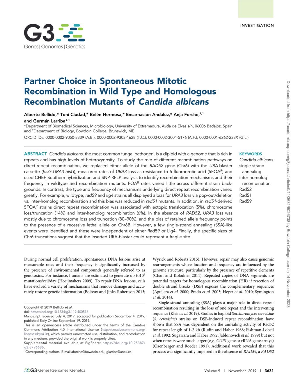 Miniature of Partner choice in spontaneous mitotic recombination in wild type and homologous recombination mutants of Candida albicans