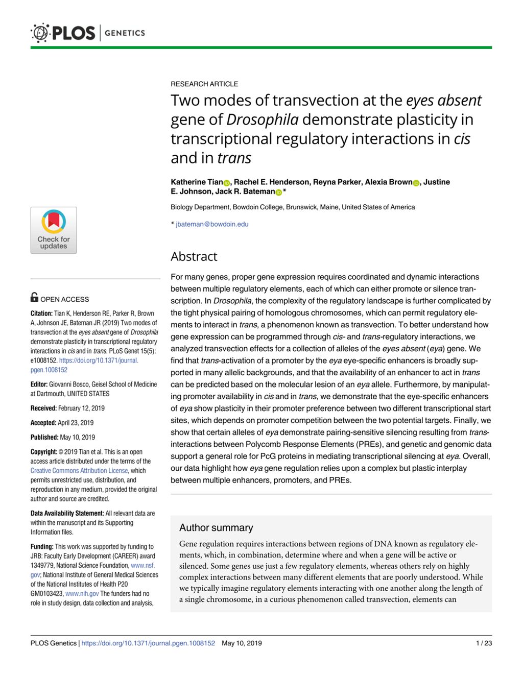 Miniature of Two modes of transvection at the eyes absent gene of Drosophila demonstrate plasticity in transcriptional regulatory interactions in cis and in trans