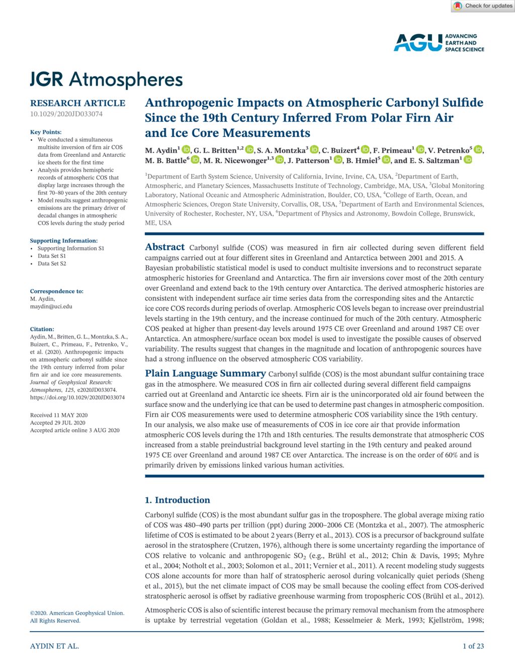 Miniature of Anthropogenic Impacts on Atmospheric Carbonyl Sulfide Since the 19th Century Inferred From Polar Firn Air and Ice Core Measurements