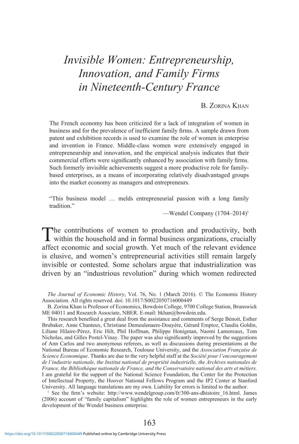 Miniature of Invisible Women: Entrepreneurship, Innovation, and Family Firms in Nineteenth-Century France