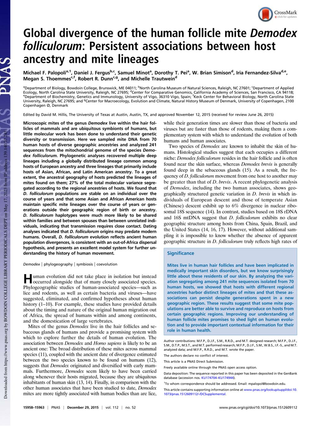 Miniature of Global divergence of the human follicle mite Demodex folliculorum: Persistent associations between host ancestry and mite lineages