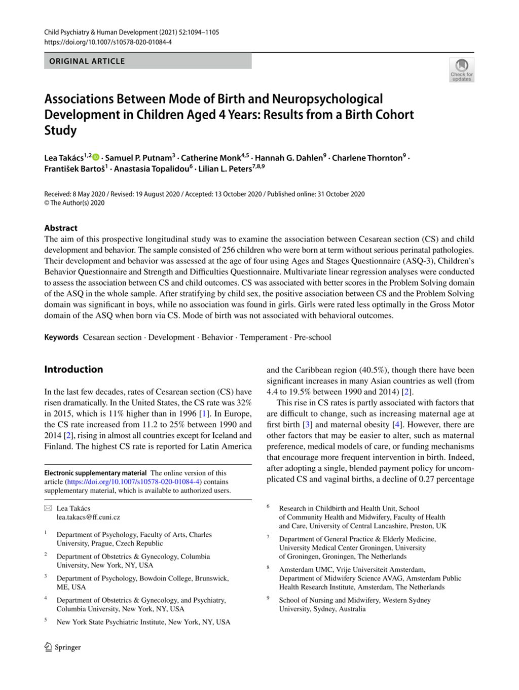 Miniature of Associations Between Mode of Birth and Neuropsychological Development in Children Aged 4 Years: Results from a Birth Cohort Study