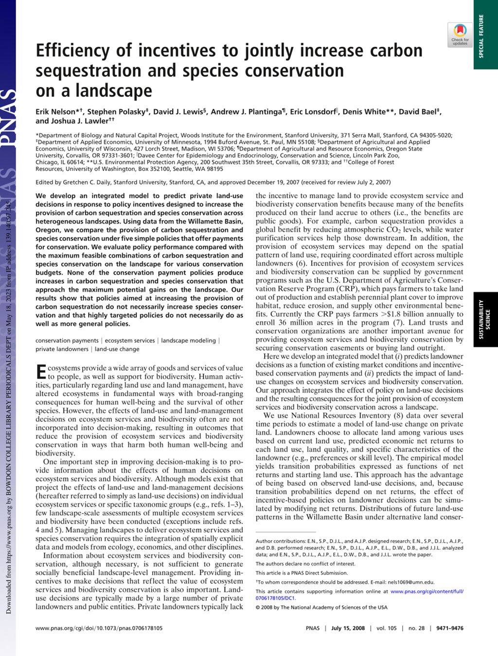 Miniature of Efficiency of incentives to jointly increase carbon sequestration and species conservation on a landscape