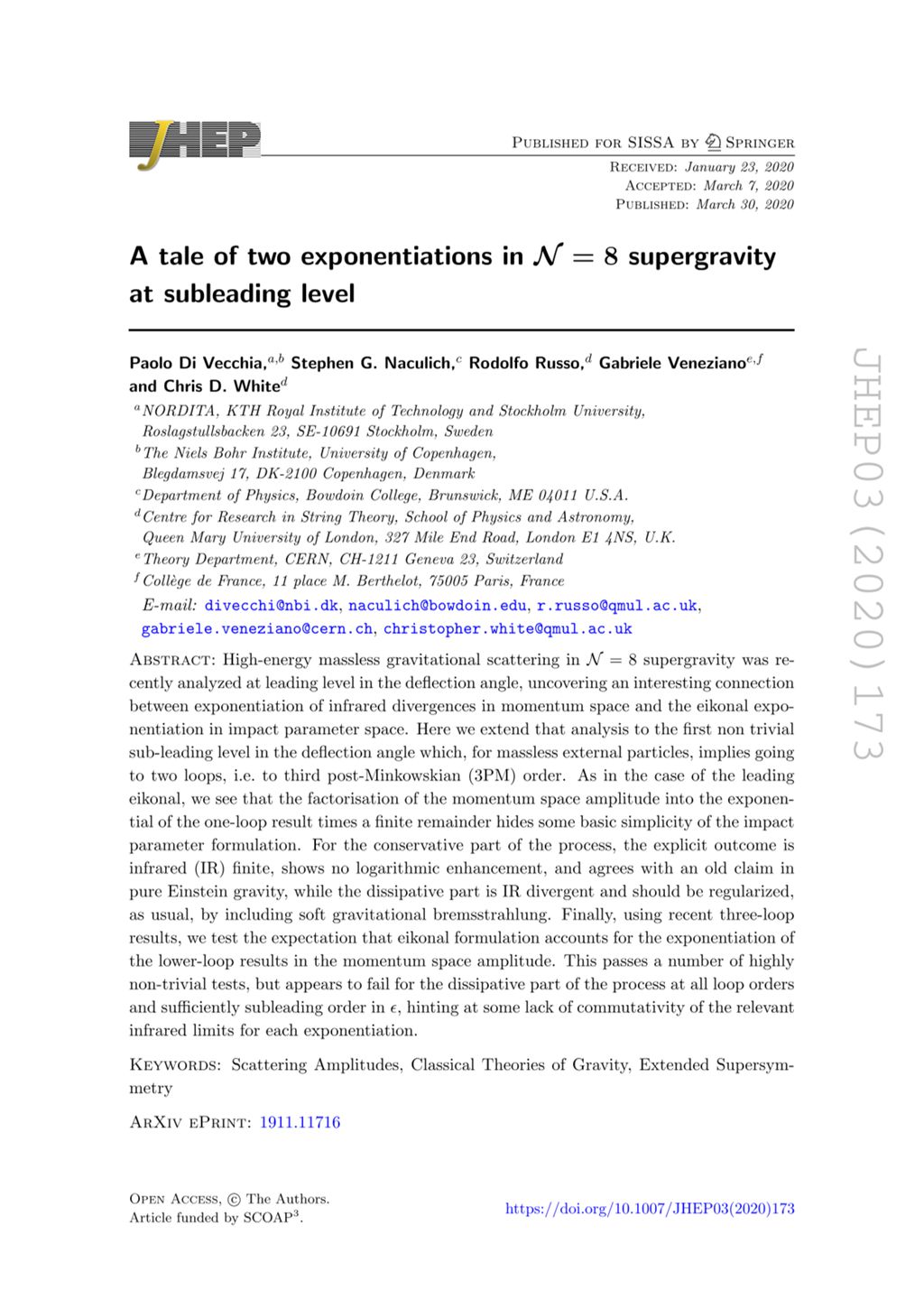 Miniature of A tale of two exponentiations in N = 8 supergravity at subleading level