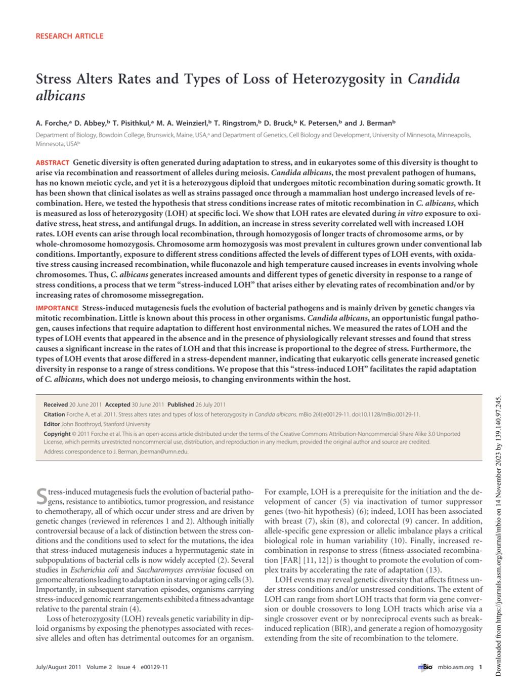 Miniature of Stress alters rates and types of loss of heterozygosity in candida albicans