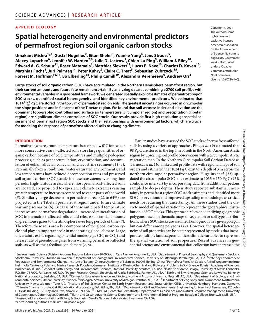 Miniature of Spatial heterogeneity and environmental predictors of permafrost region soil organic carbon stocks