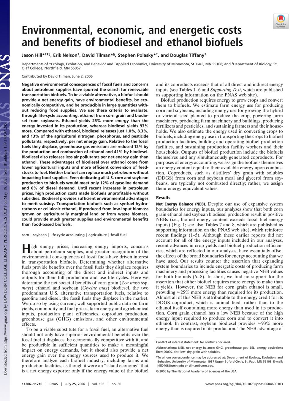 Miniature of Environmental, economic, and energetic costs and benefits of biodiesel and ethanol biofuels